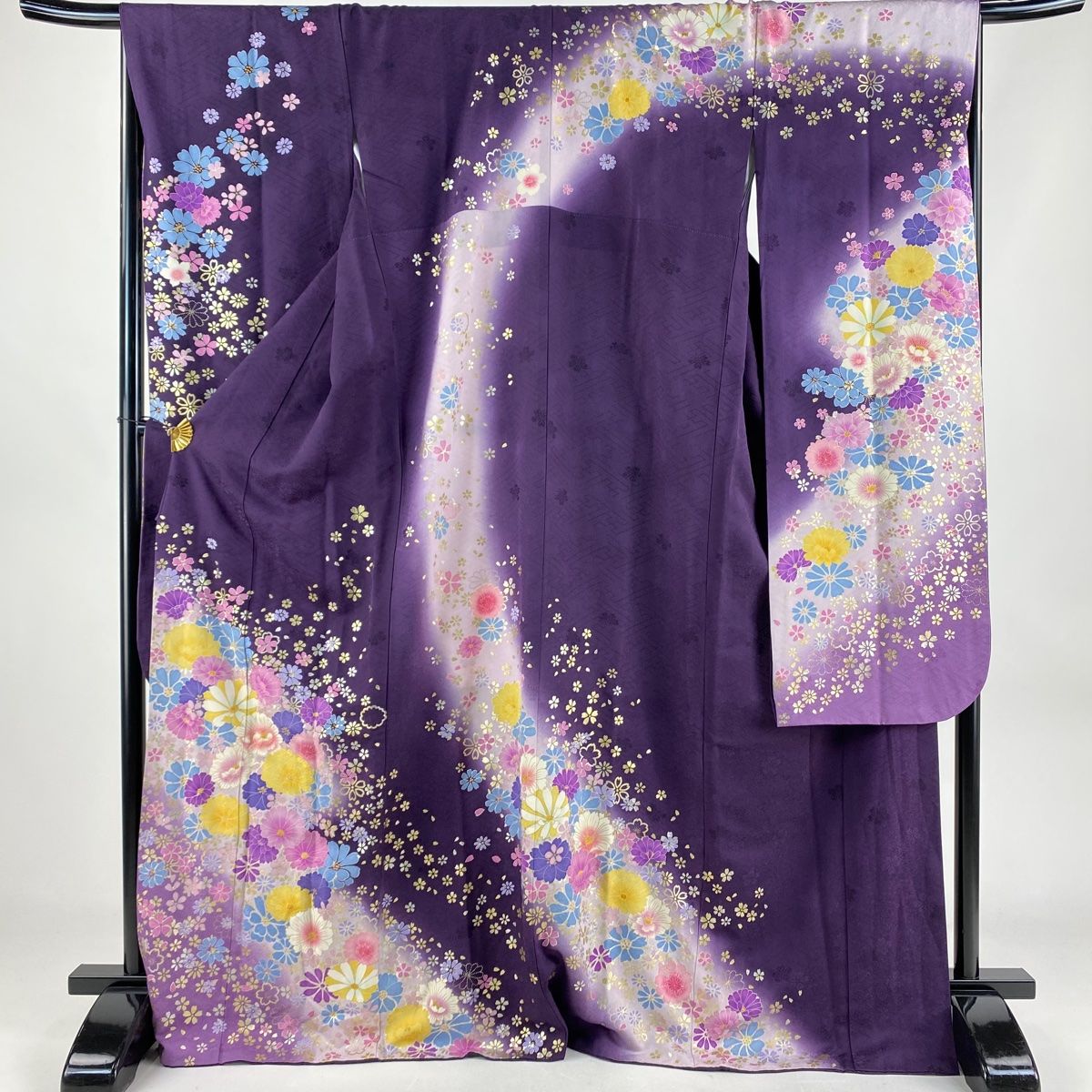 振袖 身丈169cm 裄丈69cm L 袷 花 桜 金銀彩 染め分け 紫 正絹 名品