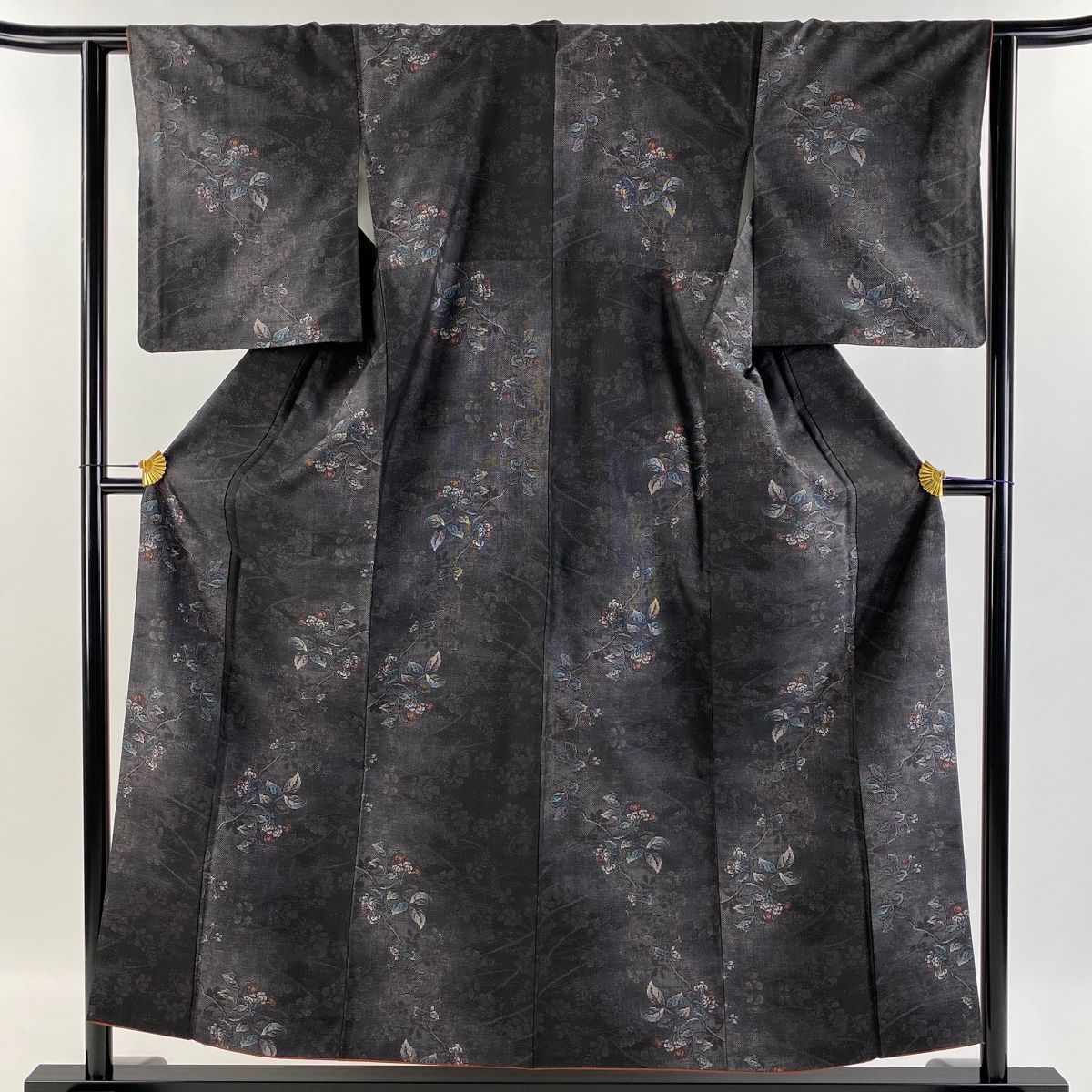 大島紬 身丈163.5cm 裄丈67.5cm L 袷 都喜ヱ門 証紙あり 扇面 風景 灰  