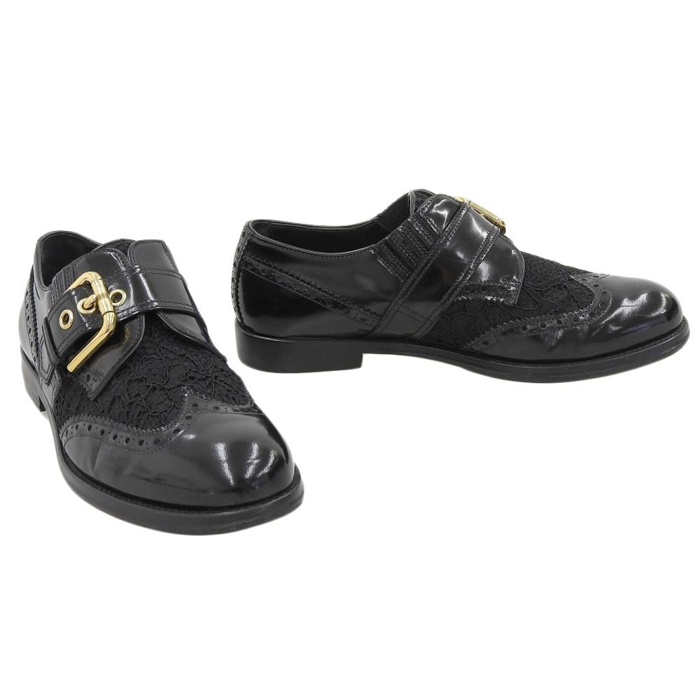 ドルチェ＆ガッバーナ DOLCE-GABBANA 現行タグ レザー-レース ウイングチップ メダリオン ドレスシューズ ブーツ 35 21.5-22cm 黒 GD レディース