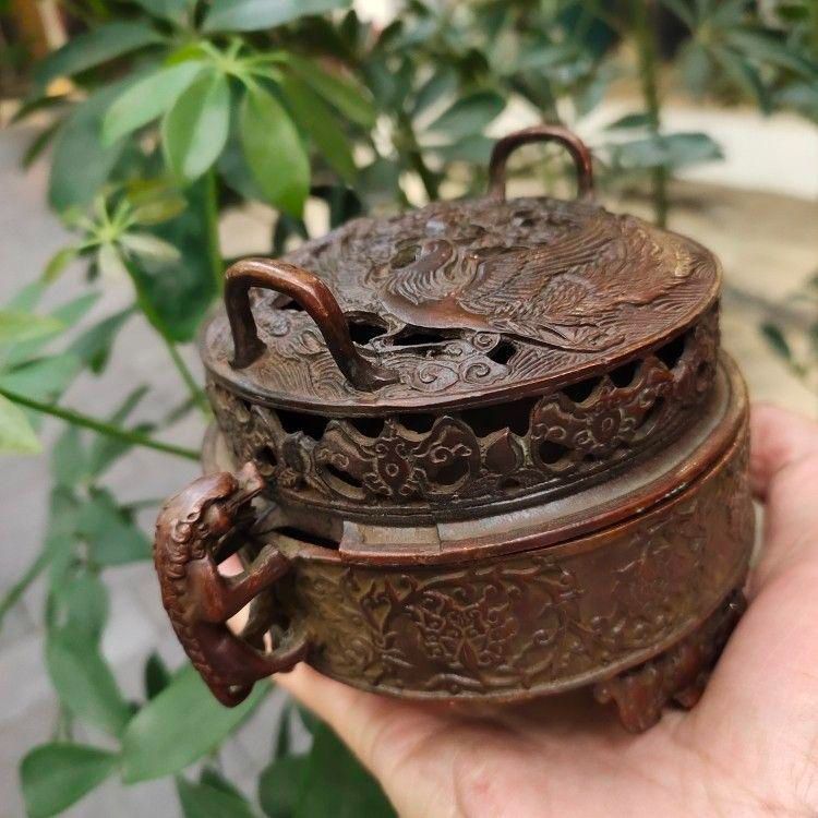 銅器 重工 彫刻 竜鳳薫香炉 美品 茶道具 香道具 工芸品美術品 置物 銅器 重工 彫刻 竜鳳薫香炉 美品 茶道具 香道具 工芸品美術品