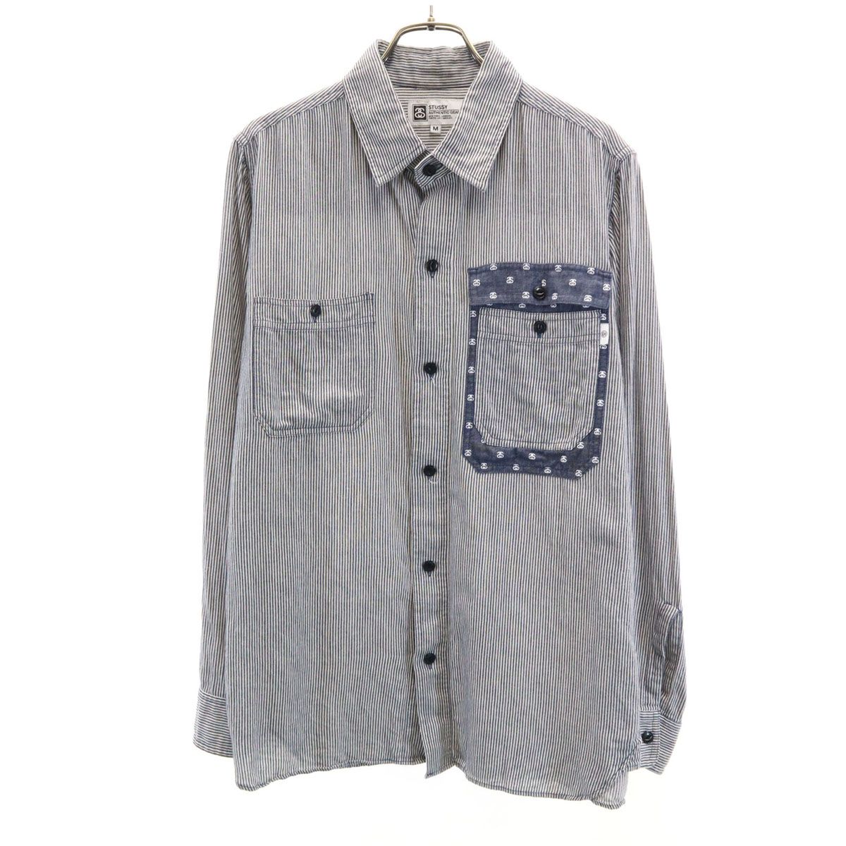 STUSSY ステューシー リネンブレンド ヒッコリーストライプ 長袖 シャツ M ネイビー メンズ 古着