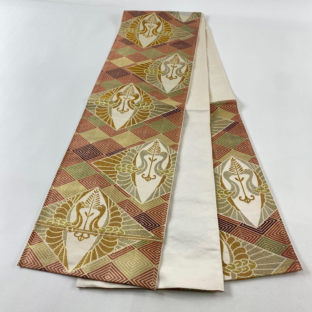 袋帯 秀品 川島織物 落款 鶴 菱 金銀糸 刺繍 ベージュ 六通 正絹