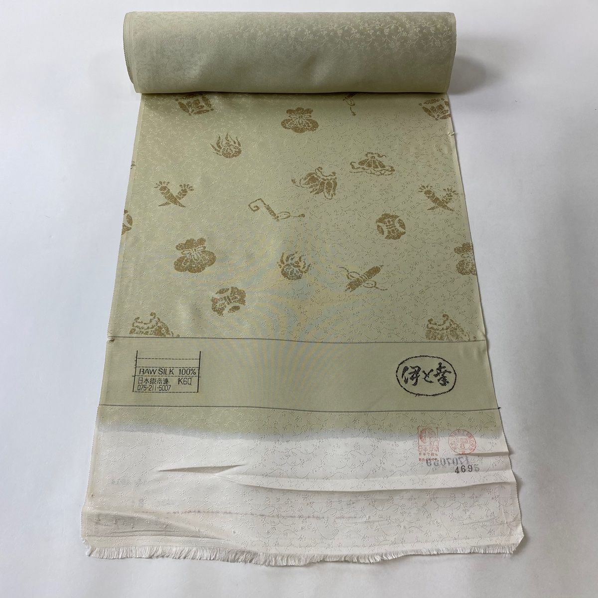 反物 名品 小紋 伊と幸 宝尽くし 金彩 薄緑 正絹