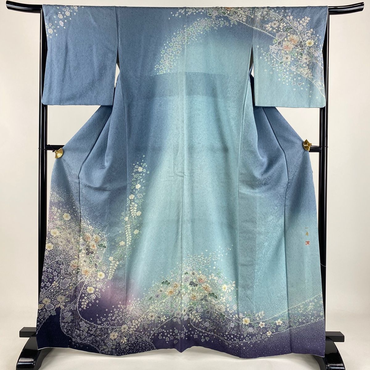訪問着 身丈165cm 裄丈65.5cm M 袷 吉乃一廉 落款 辻が花 銀通し 金彩 青灰色 正絹