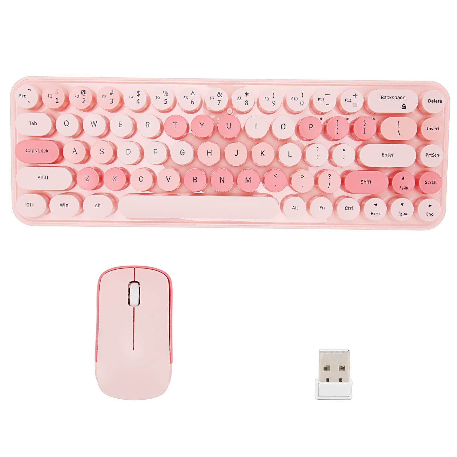 ワイヤレスキーボードとマウスのコンボ、68キーかわいいレトロラウンドキーキャップタイプライターキーボード、ワイヤレスマウス3 DPI付き、ホームオフィス用コンピュータキーボードとマ