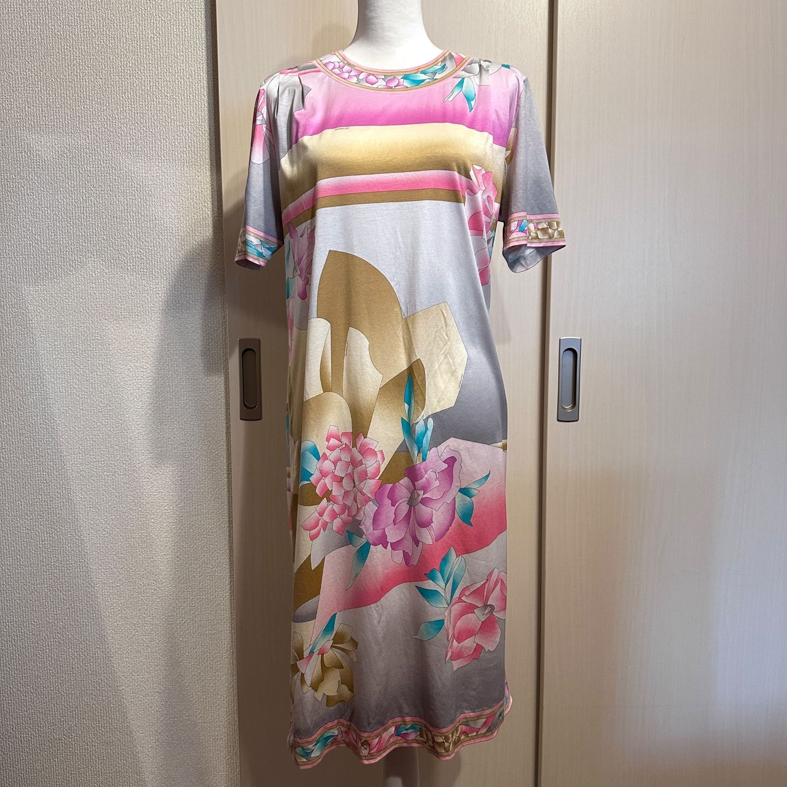 LEONARD ワンピース ピンク×ベージュ×グレー サイズL 裾ほつれあり ak601