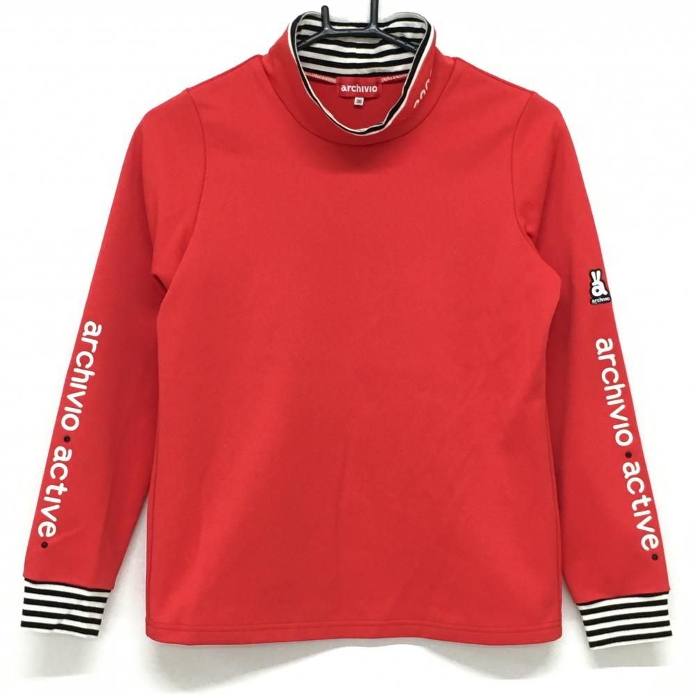 SALE価格【超美品】アルチビオ 長袖ハイネックシャツ レッド×白 ネック裏ボーダー 裏起毛 袖ロゴ レディース 36(S) ゴルフウェア archivio