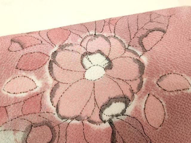 名古屋帯 型染 紅葉に流水模様 楓 縮緬 白練色 O-5478 袋帯 桜