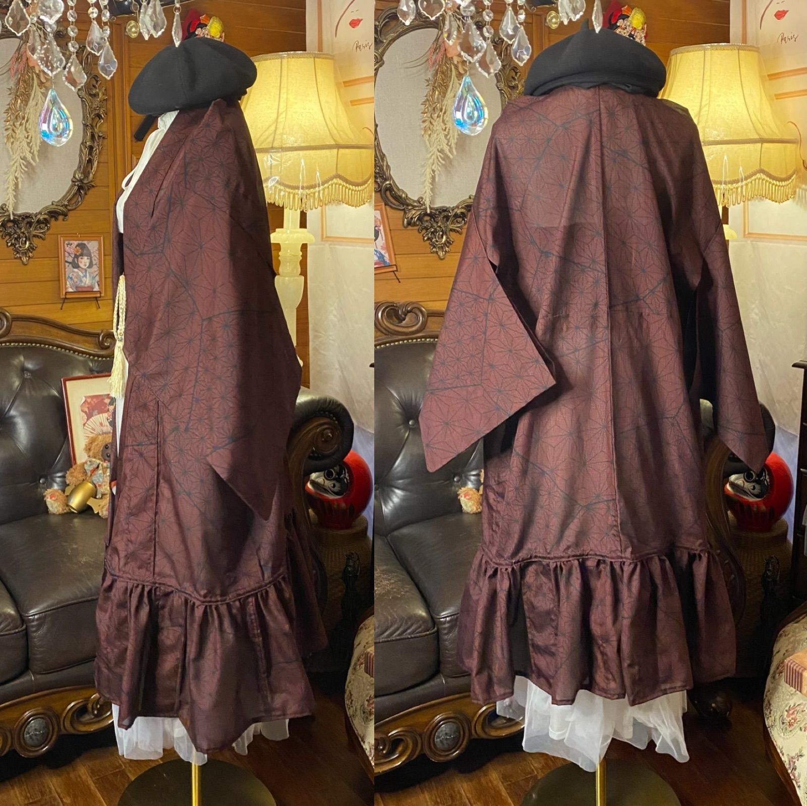 深い煉瓦色の地に 墨色で描いた大小の麻の葉