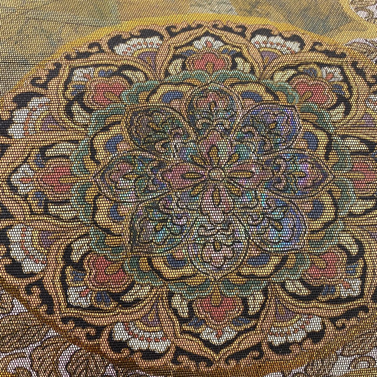 袋帯 秀品 正倉院名物裂華文 螺鈿箔 灰茶 お太鼓柄 正絹