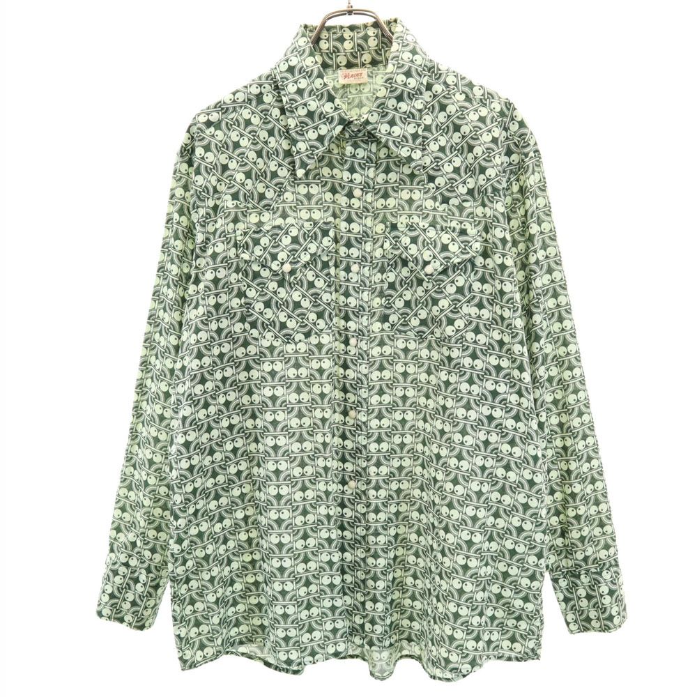 エライプレインズ 70s ヴィンテージ 総柄 長袖 シャツ XL ダークグリーン 他 ELY PLAINS メンズ