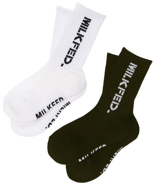 靴下 ソックス ミルクフェド MILKFED くつ下 2足組 レディース MILKFED SIDE STENCIL SOCKS SET 103228054002 白 黒 ブラック ホワイト 縦ロゴ