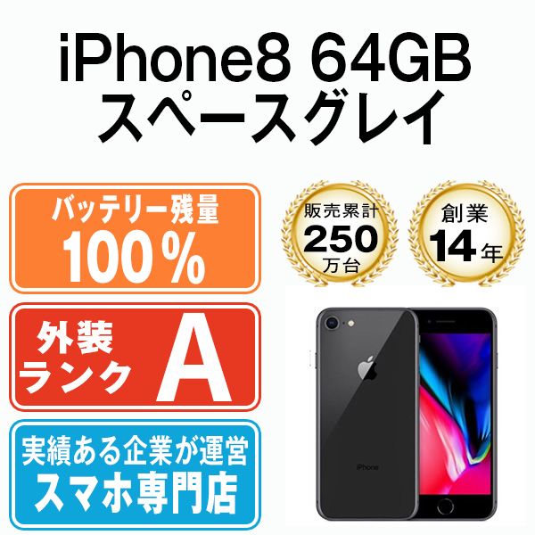 バッテリー100% 【中古】 iPhone8 64GB スペースグレイ SIMフリー 本体 