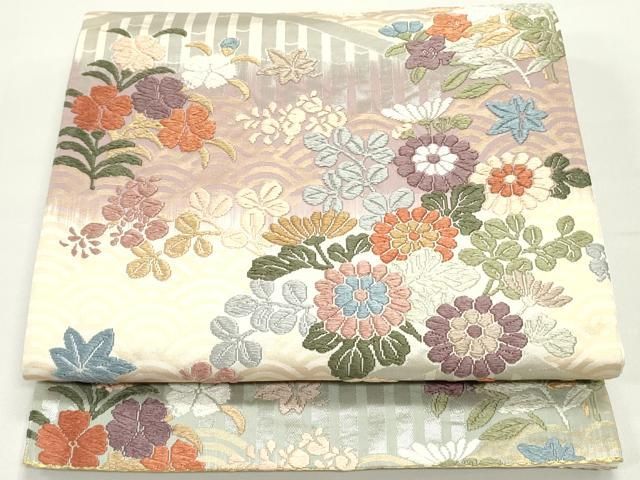 平和屋着物●六通柄袋帯　唐織　青海波草花文　金銀糸　正絹　逸品　DAAW6974ob 平和屋着物○六通柄袋帯 唐織 青海波草花文 金銀糸 正絹