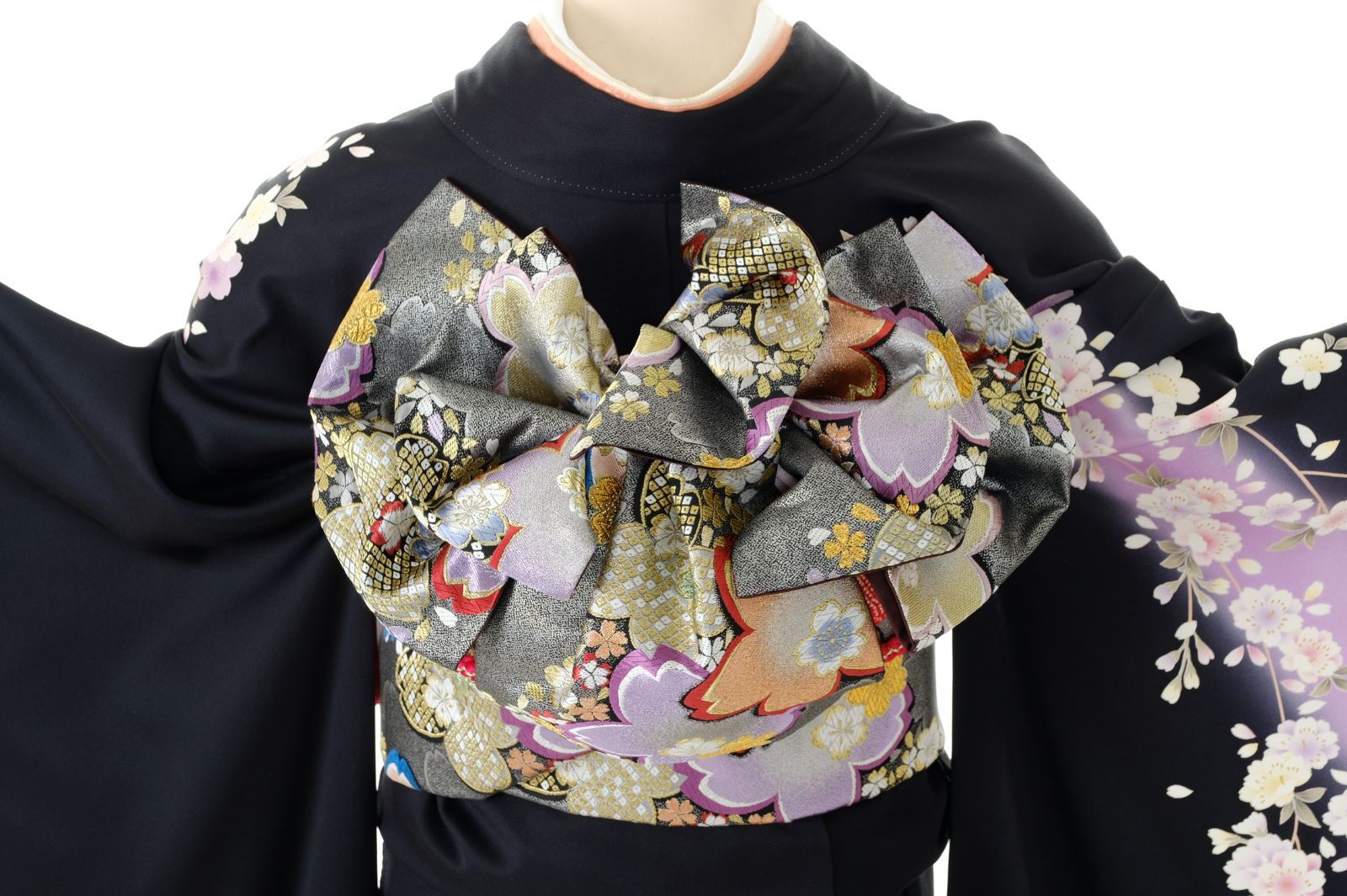 振袖セット 黒 桜 シンプル モダン 7点セット Lサイズ 成人式 結婚式 黒