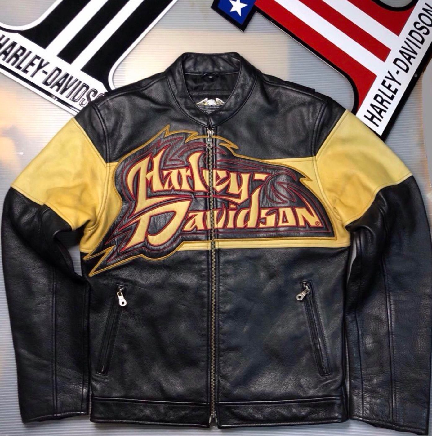 HARLEY-DAVIDSON エンボスロゴ レースアップ ダブルライダース VTG HARLEY DAVIDSON LEATHER JACKET METAL LOGO PLATE MENS XL