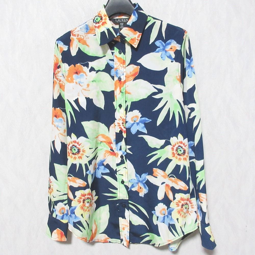 美品 LAUREN RALPH LAUREN ローレンラルフローレン ボタニカル フラワープリント 長袖 アロハシャツ ブラウス XXS ネイビー レディース 古着 中古 美品 LAUREN RALPH LAUREN ローレンラルフローレン ボタニカル