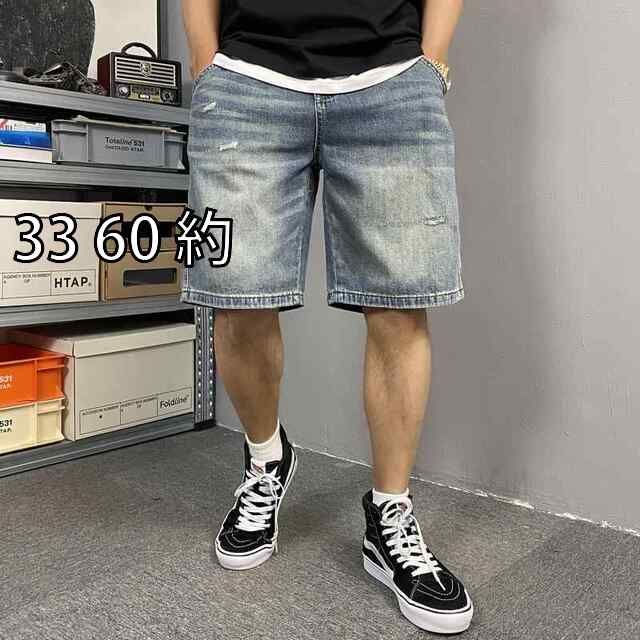 33 60 約 メンズ ファッション 服 男性用 オシャレ シンプル 大人 かっこいい 大きいサイズ ストリート 紳士服 夏 アメカジ ウォッシュド レトロ ダメージ デニム ショート パンツ ゆったり 快 五分丈 パンツ