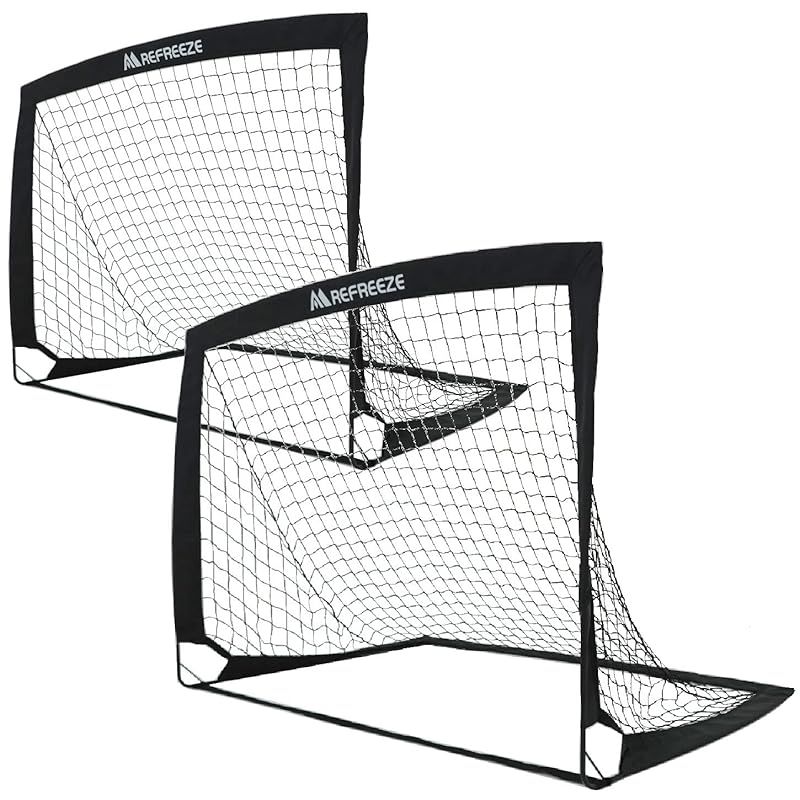 REFREEZE(リフリーズ) 折りたたみ サッカーゴール 収納バッグ付き 室内 屋外兼用 ポータブル (124×94cm ブラック 2個セット， 124×94cm) 0