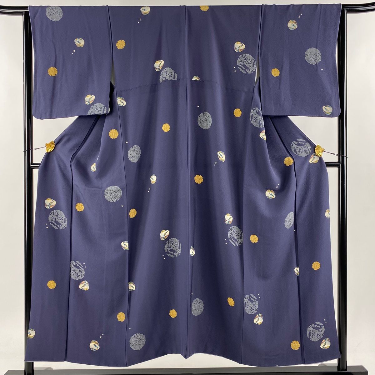 小紋 身丈152cm 裄丈64.5cm M 袷 猫 ぽっくり 縮緬 金彩 灰紫 正絹  