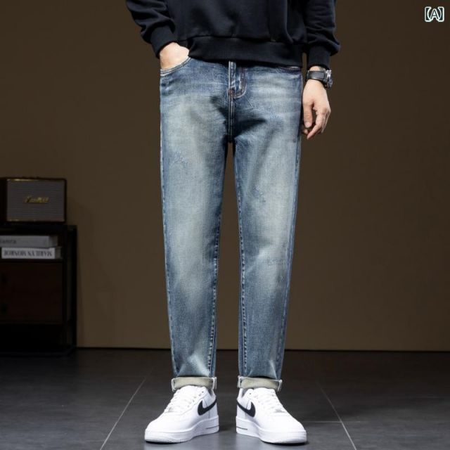 メンズ 男性用 ファッション オシャレ シンプル 大人 かっこいい ストリート ヒップホップ HipHop レトロ ブルー ジーンズ ストレート レッグ パンツ アメリカン レトロ ウォッシュ ロング パ