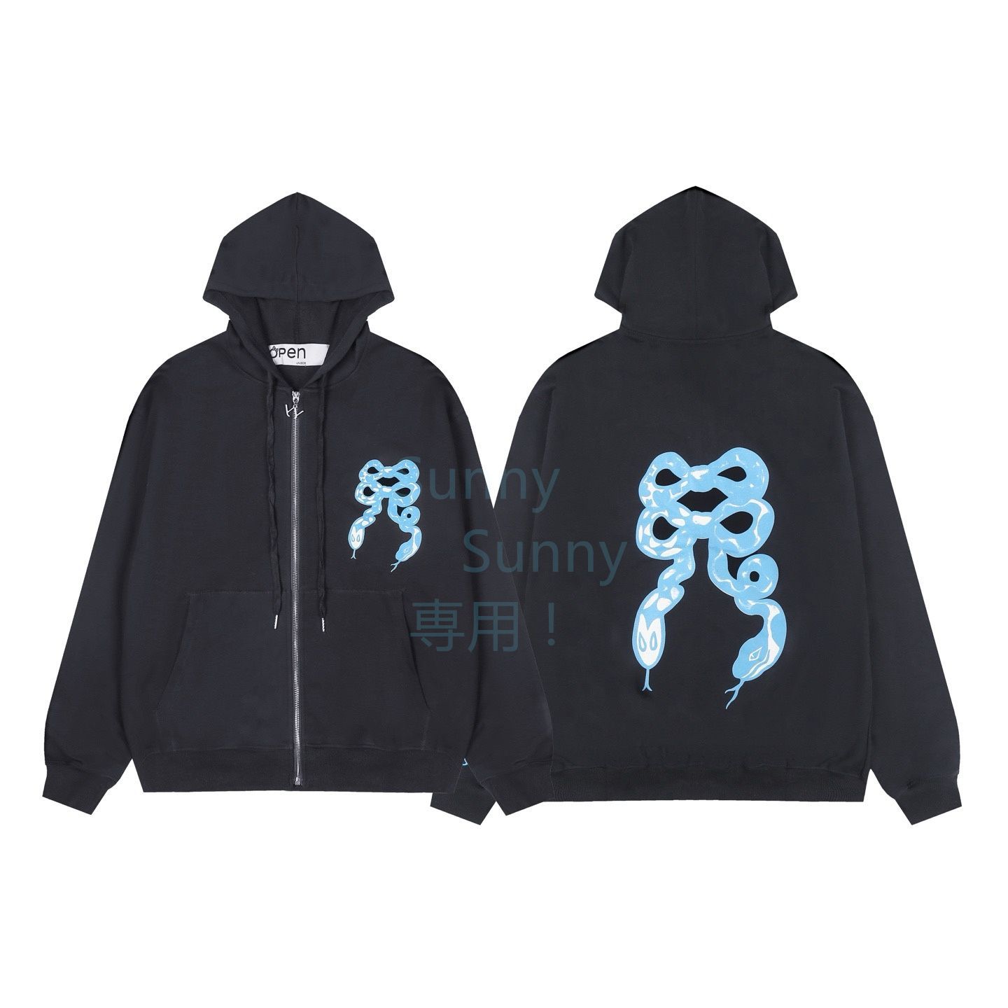 OPEN YY オープンワイワイ 韓国 パーカー ジャケット アウター トレンチコート BLUE RIBBON SNAKE HOODIE リボン 蛇 ジップアップ スウェット トレーナー ブルーチョウ柄
