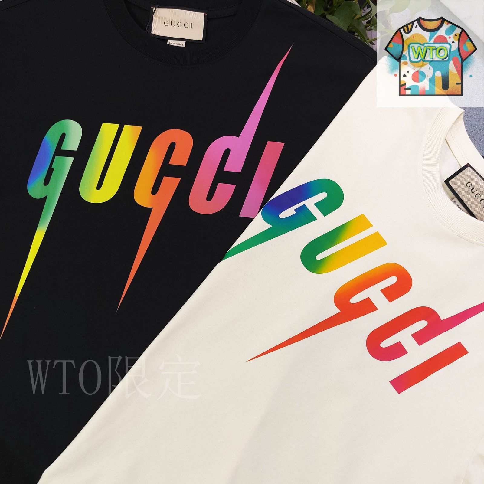 GUCCI グラデーションカラーTシャツ 今日特価】GUCCI 2025 グラデーション稲妻アルファベット柄ロゴ