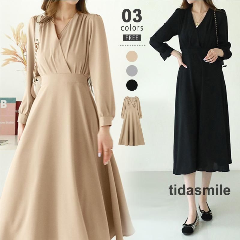 フ ワンピース カシュクール ワンピース パーティー ドレス 長袖 ハイウエスト ミモレ丈 Vネック シフォン レディース オフィス 無地 キレイめ 大人 上品