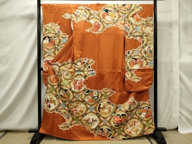 平和屋着物□豪華振袖 駒刺繍 天井草花文 金彩 正絹 逸品