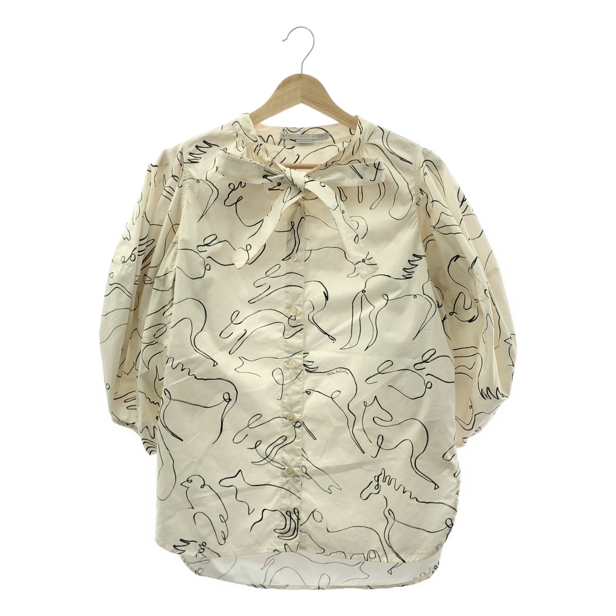 STELLA McCARTNEY / ステラマッカートニー | Doodle Print アニマル 総柄 ボウタイ パフスリーブ 7分袖ブラウス | 38 | アイボリー | レディース STELLA McCARTNEY / ステラマッカートニー | Doodle Print アニマル 総