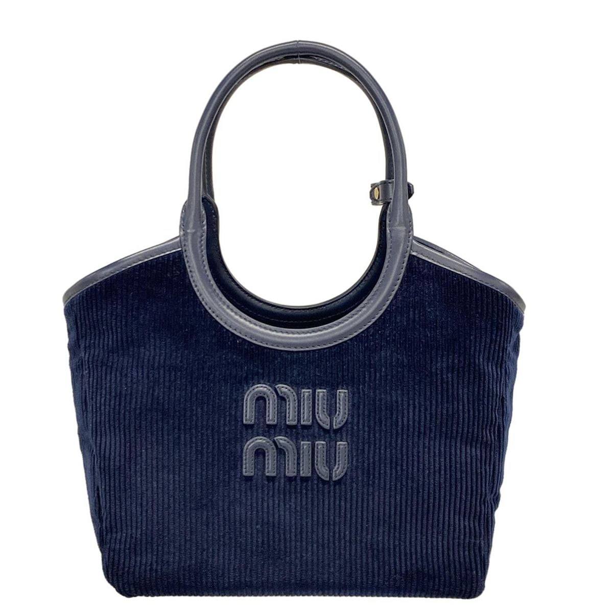 MIU MIU ネイビー本革トートバッグ p79【極美品】Gカード 保存袋付き ミュウミュウ ロゴ金具 レザー