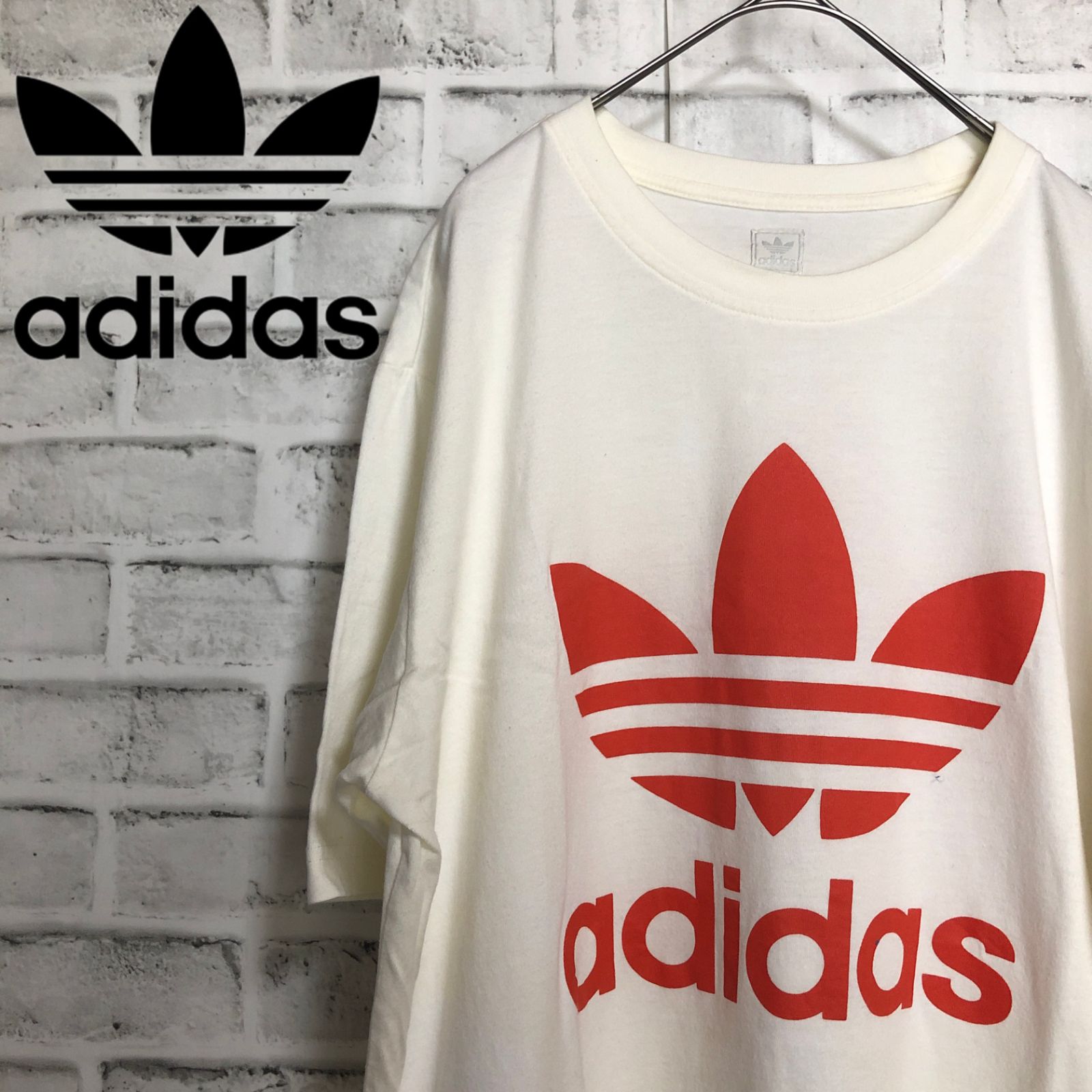 希少XL⭐️90s adidas ビッグトレファイルロゴ Tシャツ vintage 白×オレンジ