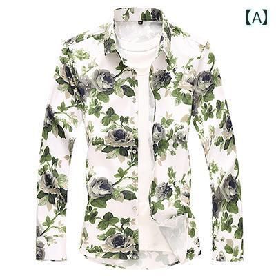 [M]秋冬 コーデ メンズ  服 シンプル ファッション オシャレ 大人 かっこいい 大きいサイズ ストリート 紳士服  ポインテッドカラー スリム シャツ 長袖 花柄 プリント フラワーシャツ 