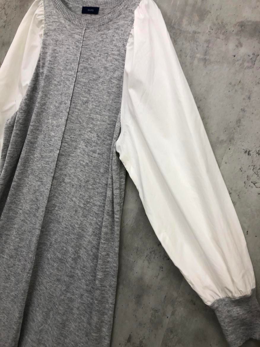 SHIPS シップス 布帛 コンビ ニット ワンピース sizeS/グレー