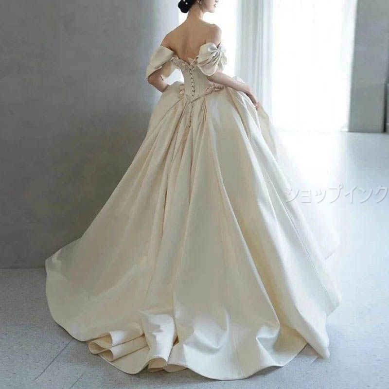 ウェディングドレス ウエディングドレス 二次会 結婚式 前撮り ブライダル ロングドレス 花嫁 オフショルダー 白 aラインドレス サテン 編み上げ 袖付き 胸元フリル フィッシュテール
