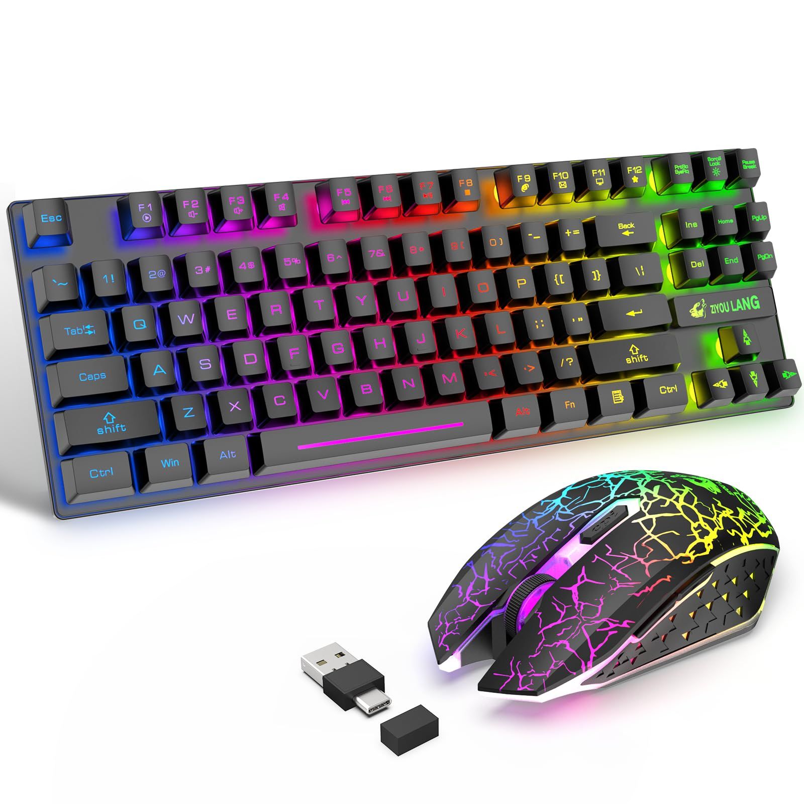 【在庫処分】MAMBASNAKE×ZIYOU LANG T87 80% 3in1 無線キーボードマウスセット 2.4Gワイヤレスキーボート usb-a type-c 2in1レシーバー レインボーバックライト 87キー コンパクト 充電式 英語配列 800/1