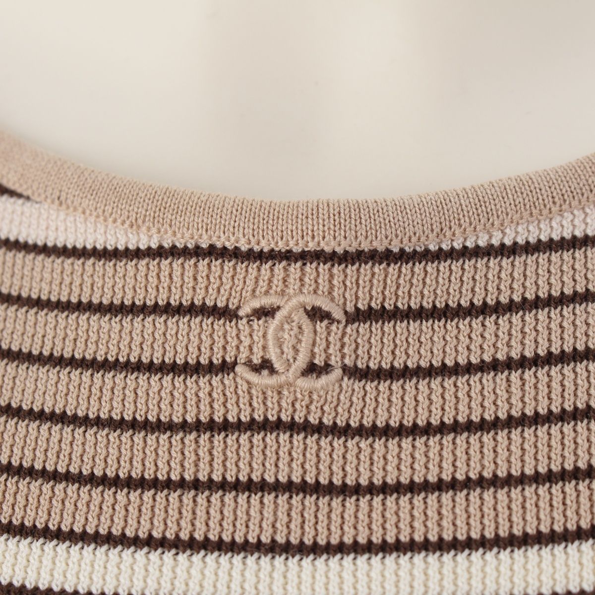 CHANEL ブラウン リブニットココマーク96Pタンクトップ サイズ40 シャネル 98P コットン ココマーク刺繍 ボーダー ニット タンク