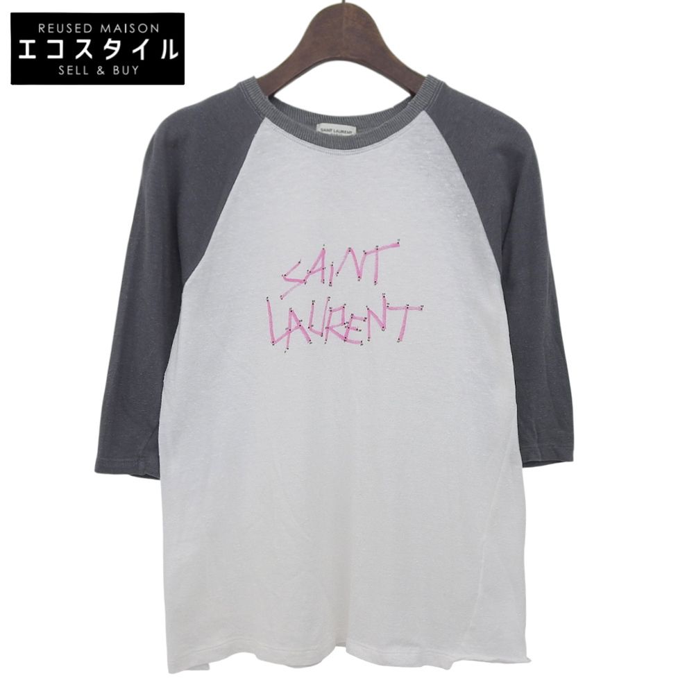 SAINT LAURENT PARIS サンローランパリ ロゴ ラグラン Tシャツ トップス レディース ホワイト×グレー XS 527674 18年 XS