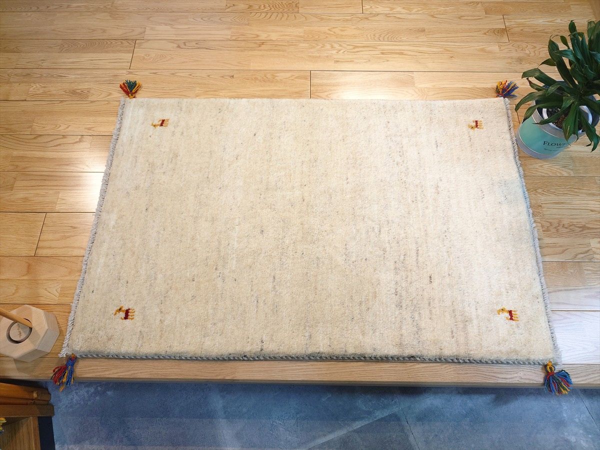 ペルシャ ギャッベ 玄関マット大 ラグ 120x83㎝ アイボリー シンプル RJ12279