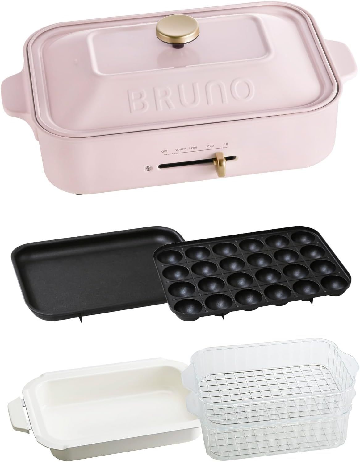 BRUNO ブルーノ コンパクトホットプレート 本体 プレート4種 たこ焼き セラミックコート鍋 平面 スチーマー 焼肉 おしゃれ かわいい これ1台 蓋 ふた付き 1200w 温度調節 洗いやすい 1人 2人 3人 用 小型 小さいサイズ 少人数用