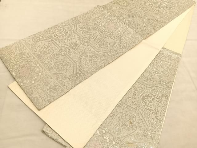 A 純プラチナ箔 オリエント更紗 正倉院華文 銀糸 六通 正絹 フォーマルな袋帯 A 純プラチナ箔 オリエント更紗 正倉院華文 銀糸 六通 正絹