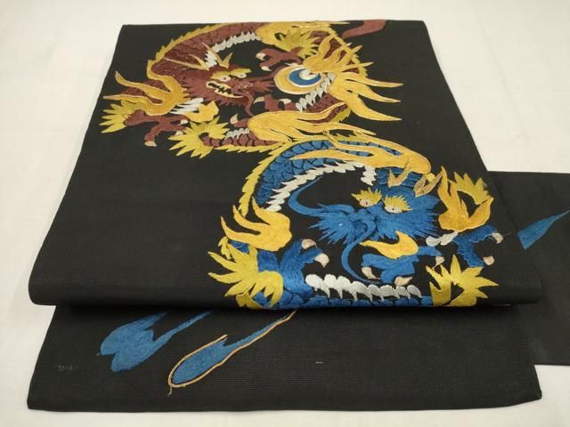 平和屋着物○アンティーク 大正ロマン 九寸名古屋帯 刺繍 龍