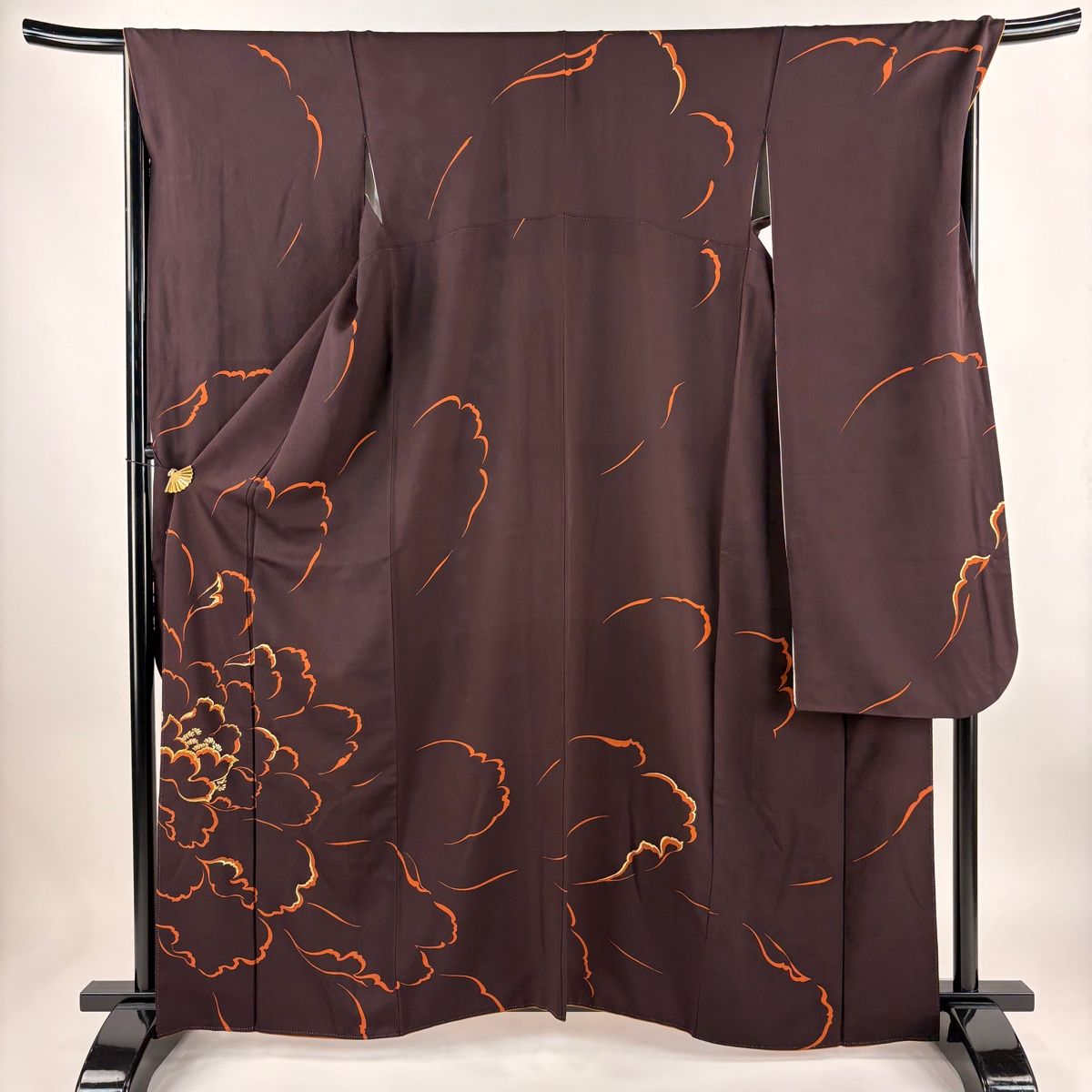 振袖 身丈162cm 裄丈68.5cm L 袷 牡丹 金彩 箔 焦茶色 正絹 秀品