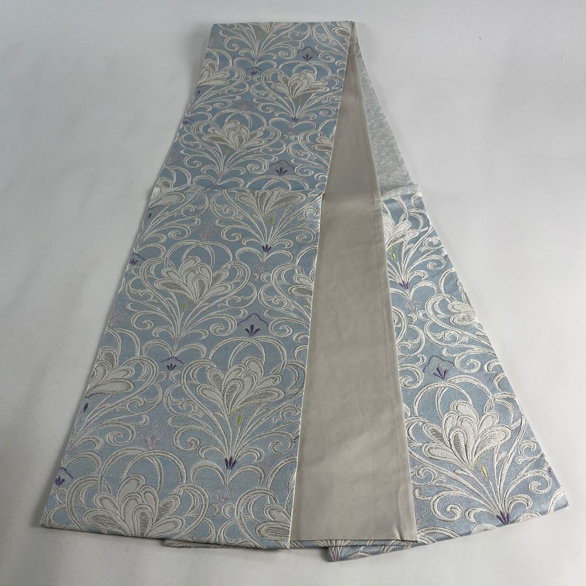 未使用品 袋帯 花文 くすみグリーン 金糸 銀糸 長さ4m33cm