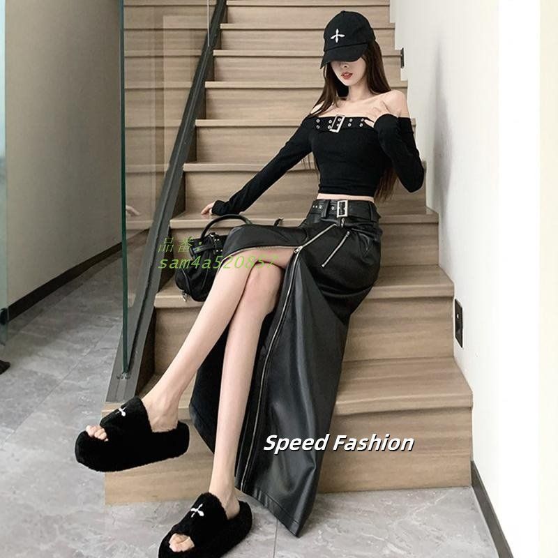ハイウエスト スリム レザースカート レディース ロングスカート ファスナーフェイクレザースカート シンプル am4a520857