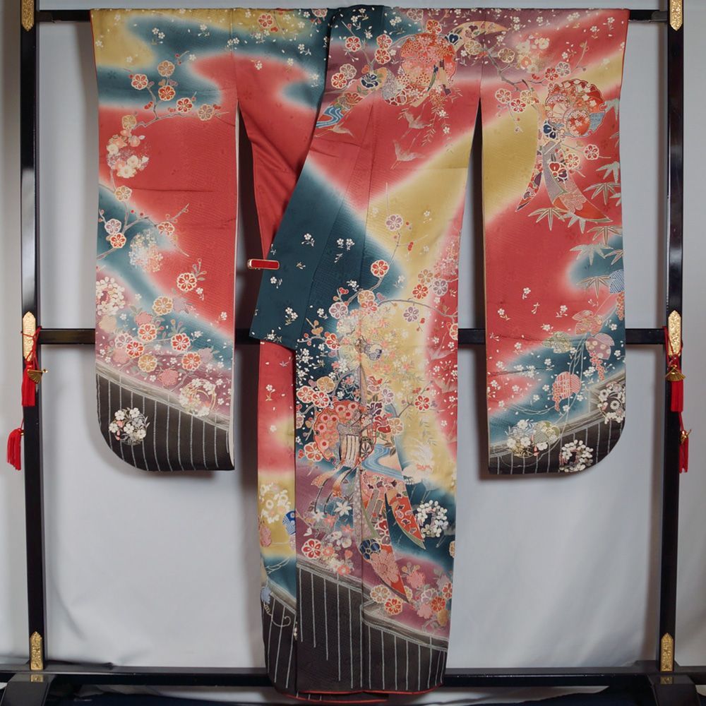 振袖セット 振袖・袋帯 2点 セット Mサイズ 少難有品 着付け練習用 【 中古 踊り 着物 セット リサイクル 振袖 リサイクル着物 正絹 お茶 卒業式 成人式 お稽古 販売 振袖 アウトレット 古典柄 購入 振り】