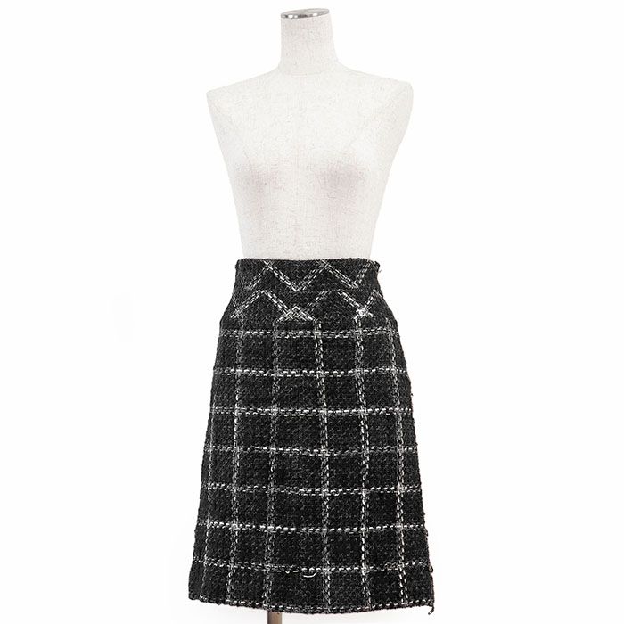 CHANEL シャネル スカート ウール ツイード 06A P29549 2006AW COCOマーク ロゴ チャーム ウィンドウペン チェック ひざ下丈 シルク ライニング レディース 36 チャコール 仏製 カール ラガーフェルド期