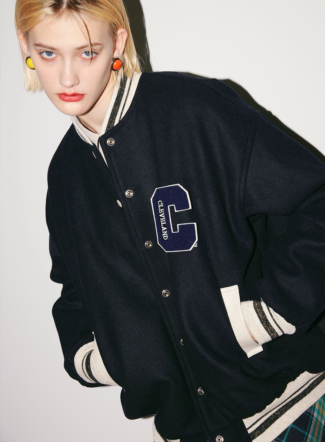 試着のみCOEL コエルCワッペンスタジャン38ネイビー