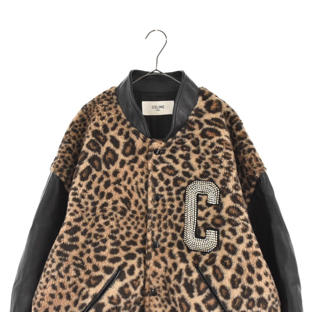 CELINE (セリーヌ) TEDDY JACKET エンブロイダリーパッチ テディジャケット レオパードプリント フリース 袖レザー ラインストーン  2V22L823R ベージュ/ブラック