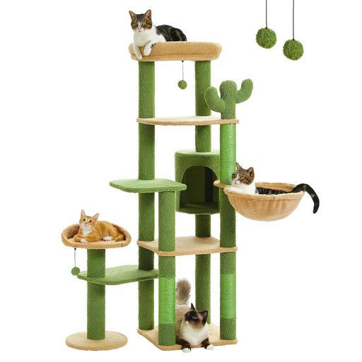 PETEPELA ぺテぺラ キャットタワーサボテンスリム多頭飼い大型猫用据え置きおしゃれ爪とぎポール猫ハウスハンモック猫タワー爪研ぎサイザル麻ポンポンおもちゃ高さ150cmグリーン